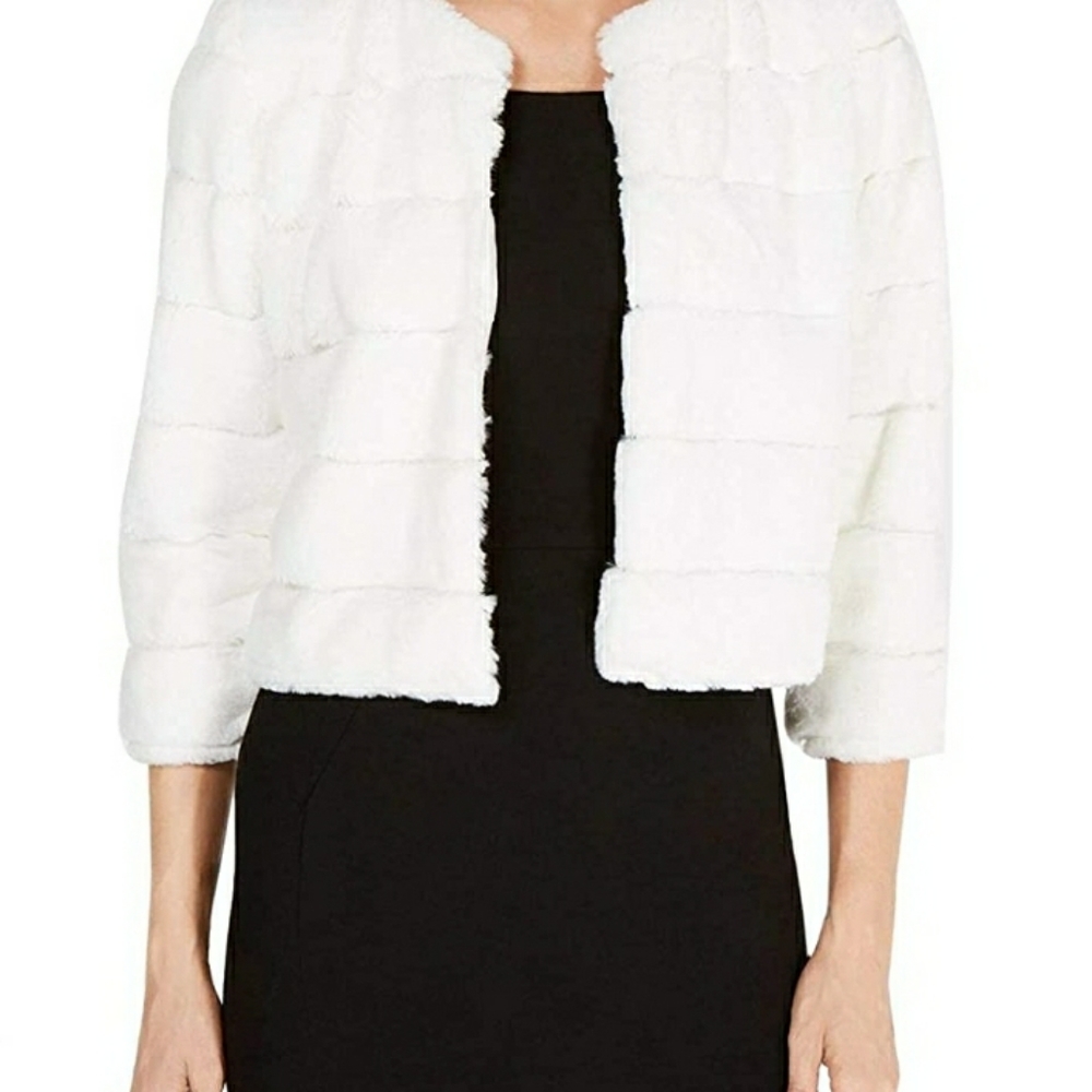 Calvin Klein Women's 3/4 Sleeve White Faux Fur Stripe Shrug